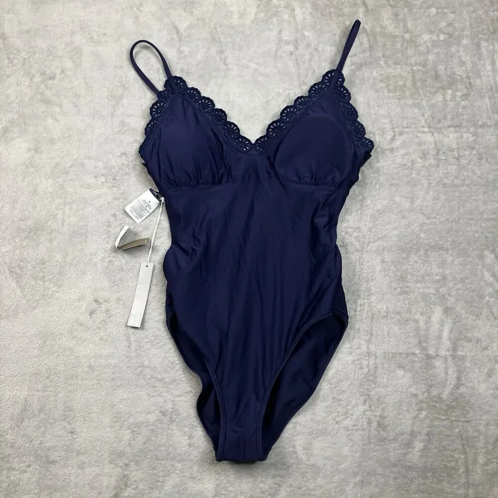 J Crew Eyelet Lana One-Piece Womens 8 Navy Blue Classic Sculpt CS552 Resort